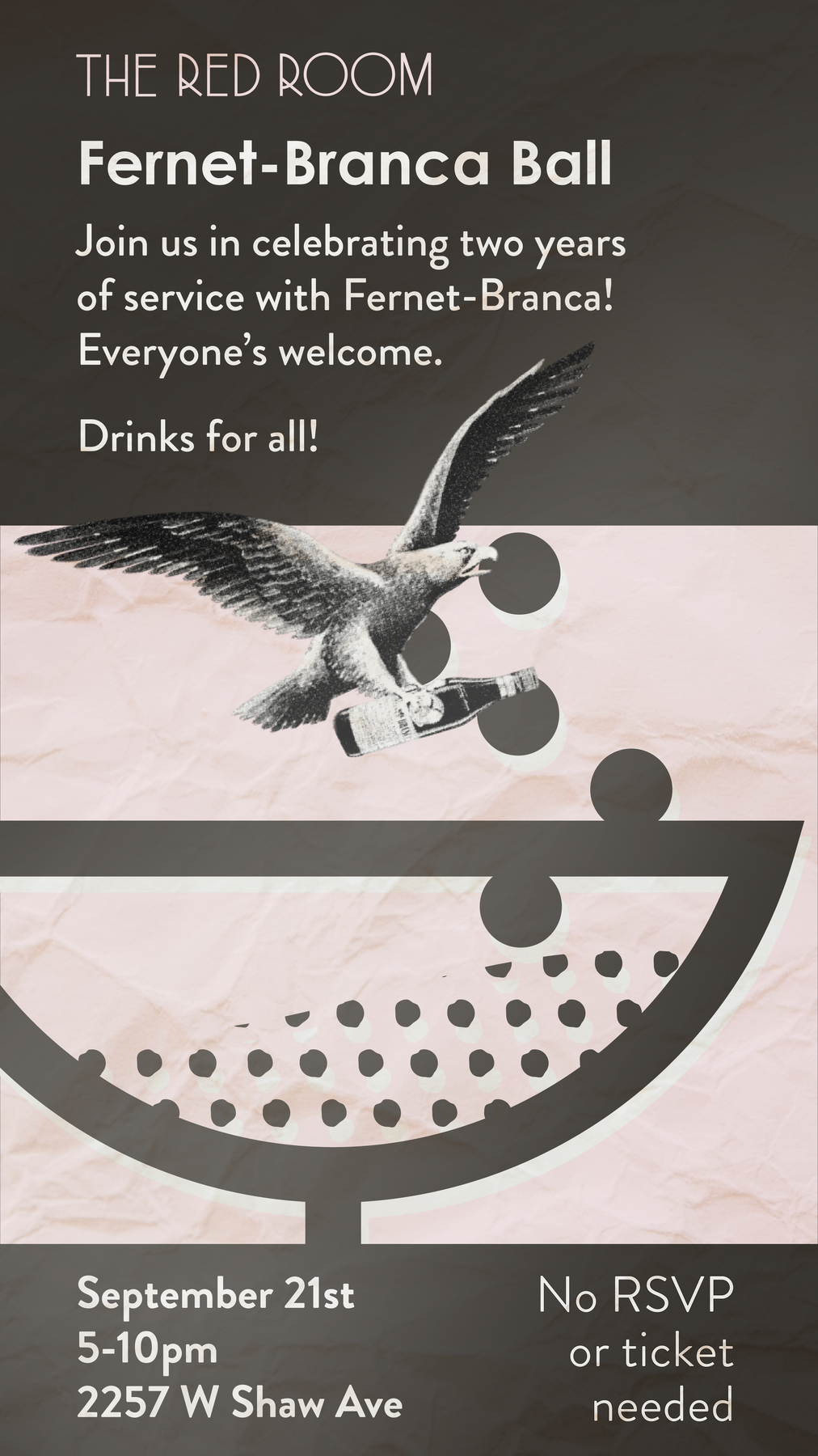 The Red Room Fernet-Branca Ball story featuring the Fernet eagle carrying a bottle into a giant graphic cocktail coupe with floating polka dots